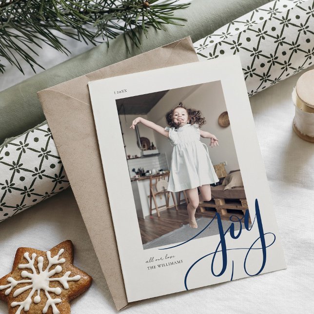 Navy Blue Hand Lettered Script Joy Christmas Photo (Creator Uploaded)