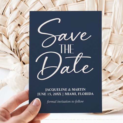 Navy Blue Hand Lettered Script Wedding  Save The Date