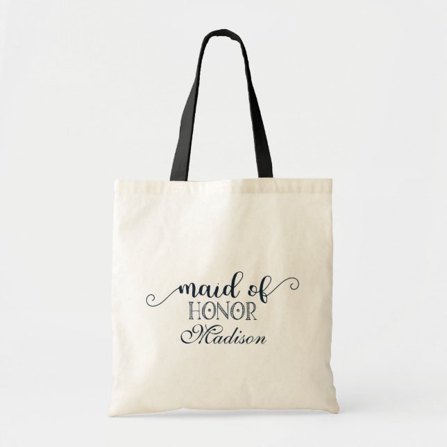 Navy Blue Hand Lettered Wedding Maid of Honor Tote Bag (Front)