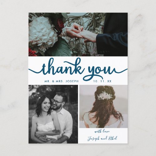 Navy Blue Hand Lettering Photo Wedding Thank You Postcard