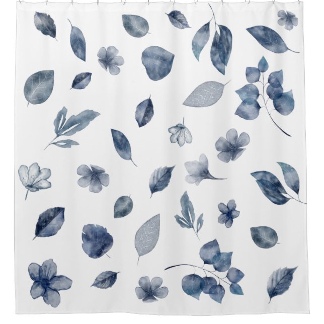 Navy Blue Hand Painted Watercolour Leaves Flowers Shower Curtain (Front)