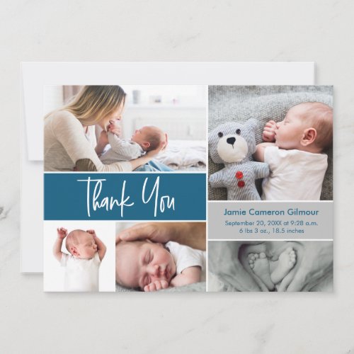 Navy Blue Handlettering Photo Collage Baby Shower Thank You Card