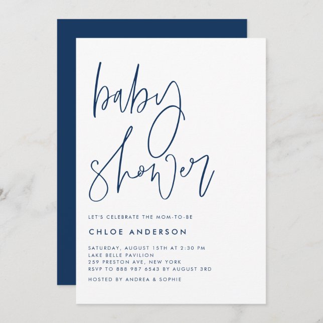 Navy Blue Handwritten Script Baby Shower Invitation (Front/Back)