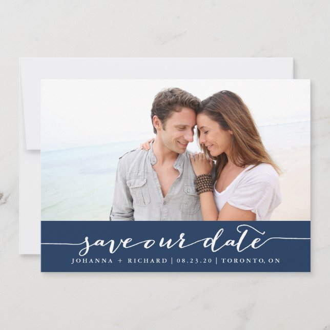 Navy Blue Handwritten Script Save the Date (Front)