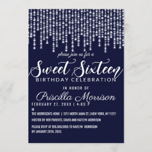 Navy Blue Hanging Diamond Lights Sweet 16 Invitation