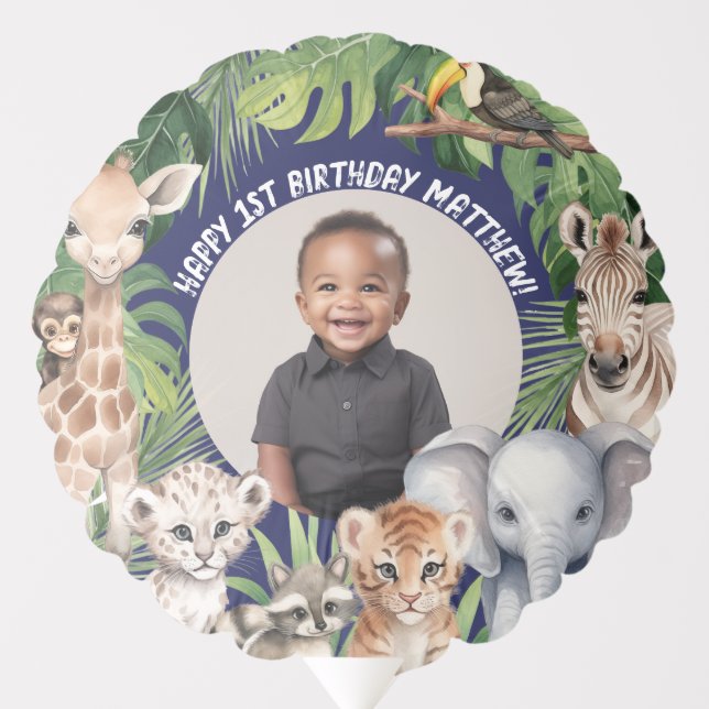 Navy Blue Happy 1st birthday, Safari themed Balloon (Front)