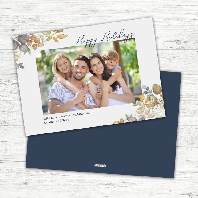 Navy Blue Happy Holidays Greenery Photo Holiday Card (Happy Holidays photo card with navy blue and green foliage.)
