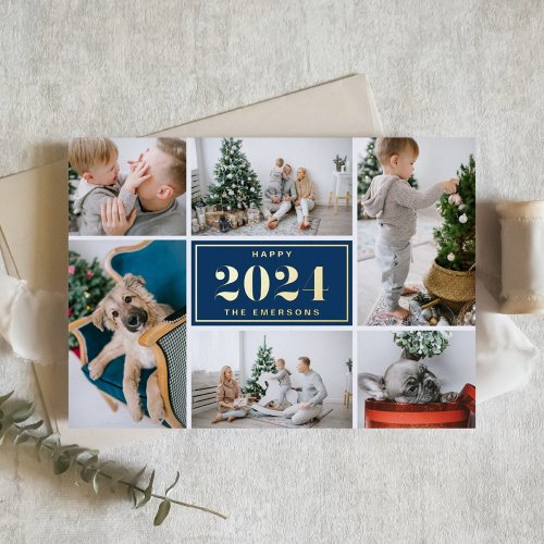 Navy Blue Happy New Year 2024 Photo Collage Foil Holiday Card