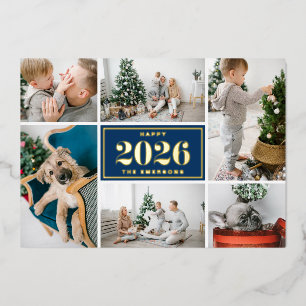 Navy Blue Happy New Year 2026 Photo Collage Foil Holiday Card