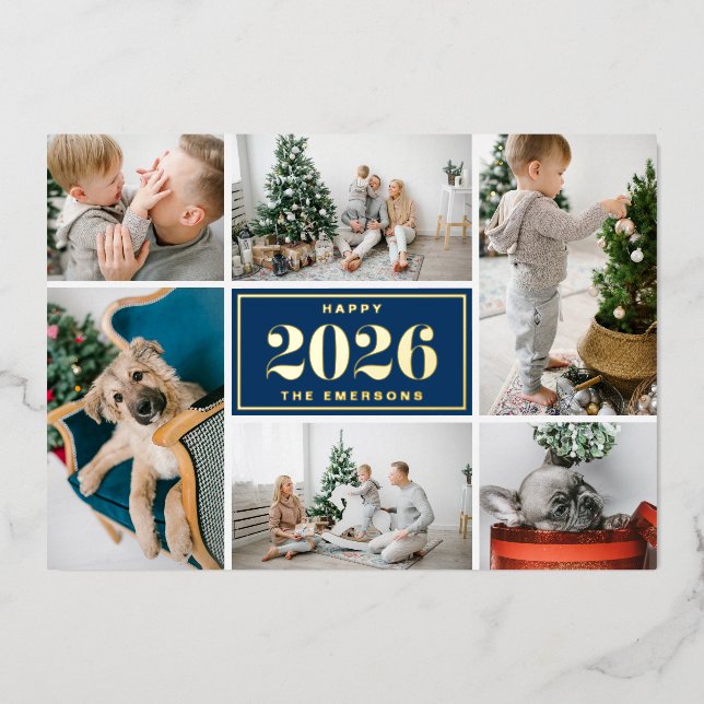 Navy Blue Happy New Year 2026 Photo Collage Foil Holiday Card (Front)