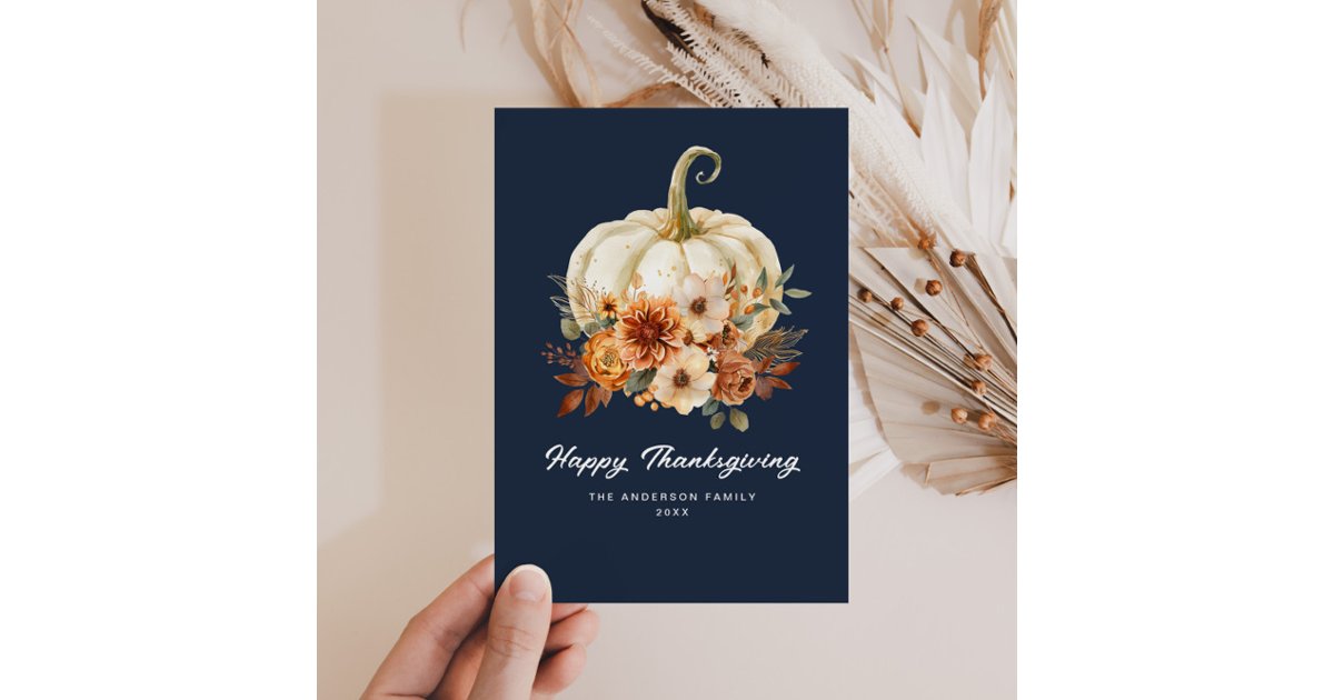 navy blue happy thanksgiving floral card | Zazzle