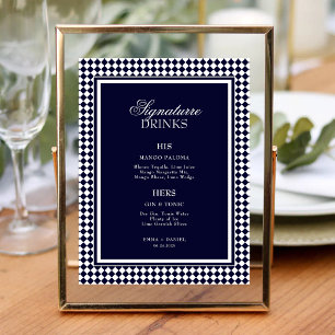 Navy Blue Harlequin Border Drinks Wedding Bar Menu