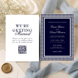 Navy Blue Harlequin Border QR Code Wedding Invitation