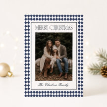 Navy Blue Harlequin One Photo Christmas Card