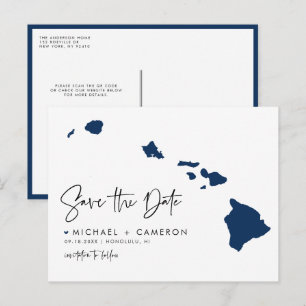 Navy Blue Hawaii State Map QR Code Save the Date Announcement Postcard