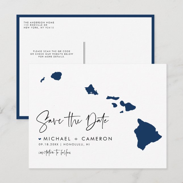 Navy Blue Hawaii State Map QR Code Save the Date Announcement Postcard