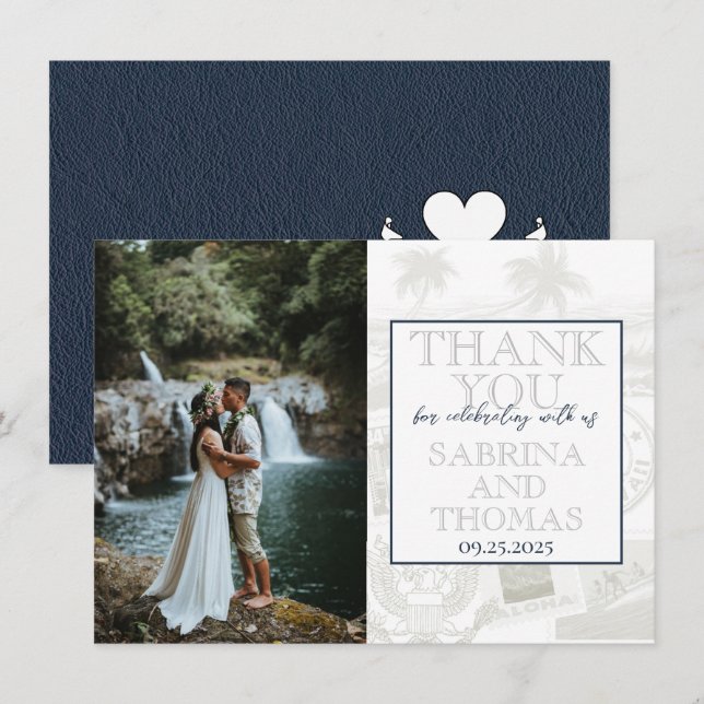 Navy Blue Hawaii Wedding Photo Thank You Card (Front/Back)