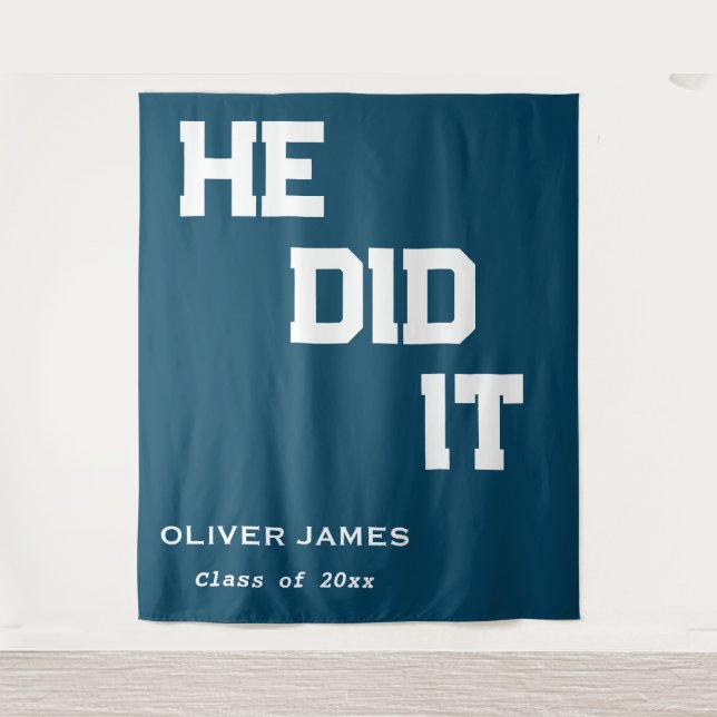 Navy blue he did it graduation party backdrop (Front)