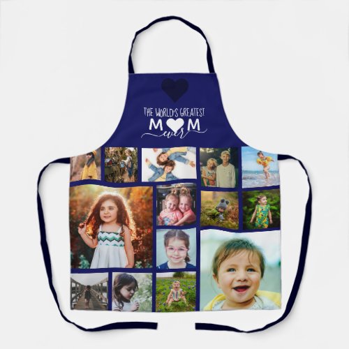 Navy Blue Heart Greatest Mom Ever Photo Collage Apron