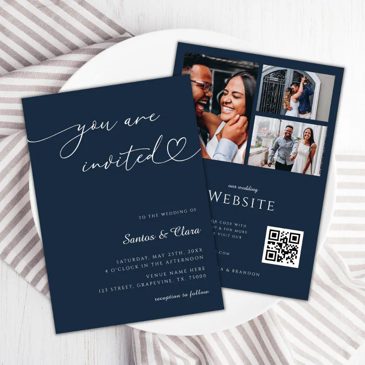 Navy Blue Heart Script 3 Photo Collage Wedding Invitation Zazzle