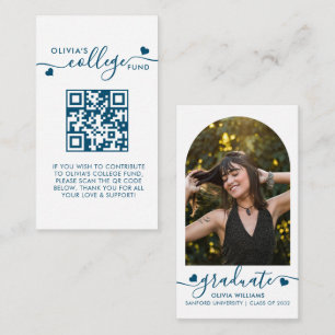Navy Blue Heart Script QR Code College Fund Photo Enclosure Card