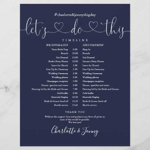 Navy Blue Heart Script Wedding Schedule Timeline