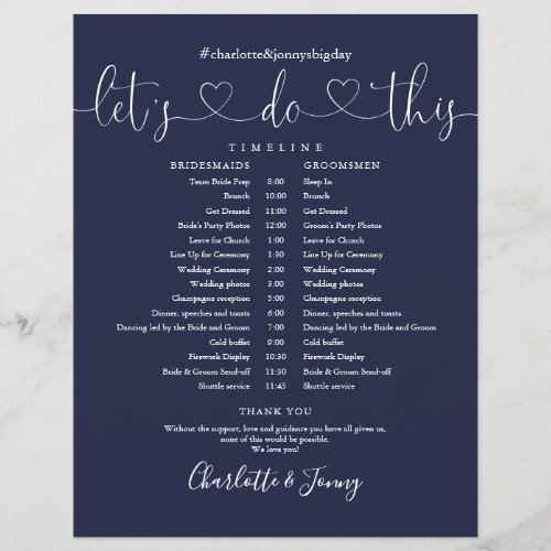 Navy Blue Heart Script Wedding Schedule Timeline