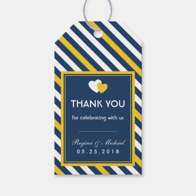 Navy Blue Heart Stripes Pattern Wedding Gift Tag