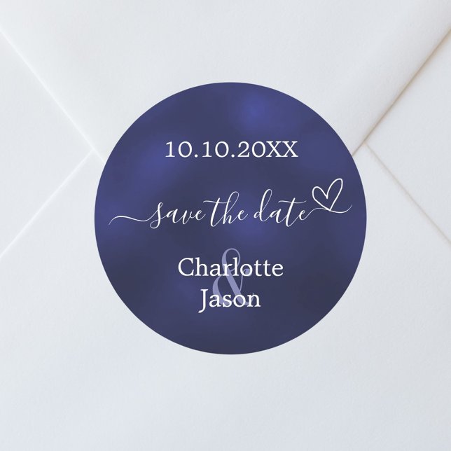 Navy blue heart wedding Save the Date Classic Round Sticker (Creator Uploaded)