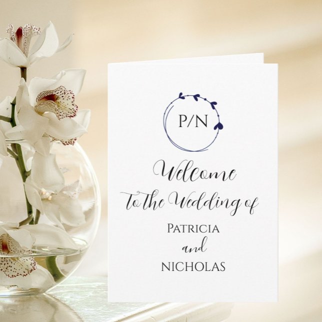 Navy Blue Heart Wreath and Initials Wedding Program (In Situ)