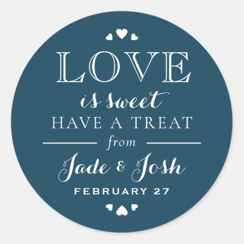 Navy Blue Hearts Love is Sweet Wedding Favor Classic Round Sticker