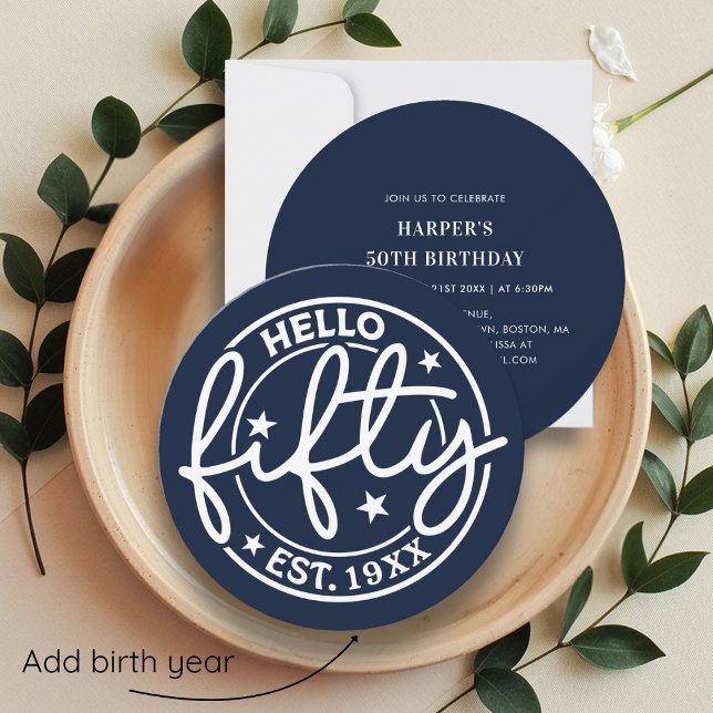 Navy Blue Hello Fifty 50th Birthday Invitation (Creator Uploaded)