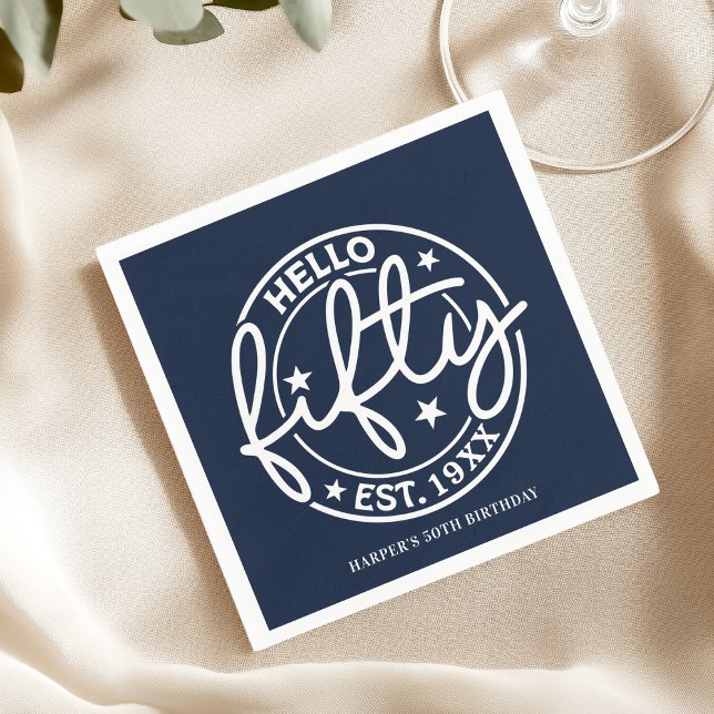 Navy Blue Hello Fifty 50th Birthday Napkins (Creator Uploaded)