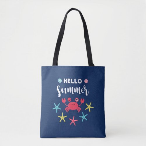 Navy Blue Hello Summer Happy Crab Tote Bag