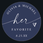 Navy Blue Her Favorite Script Wedding Treat Bag Classic Round Sticker<br><div class="desc">Sophisticated and timeless,  these navy “Her Favorite” stickers feature white modern script and a heart accent — perfect for classic or nautical-inspired weddings. Pair with the matching “His Favorite” stickers for coordinated his and hers treat bags.</div>