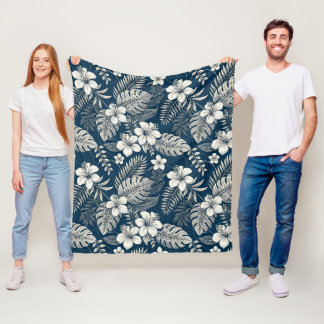 Navy Blue Hibiscus Monstera Tropical Botanical Fleece Blanket