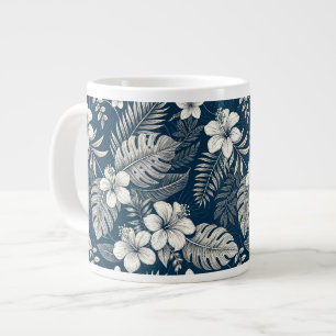 Navy Blue Hibiscus Monstera Tropical Botanical Giant Coffee Mug