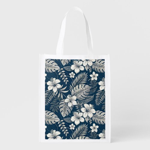 Navy Blue Hibiscus Monstera Tropical Botanical Grocery Bag
