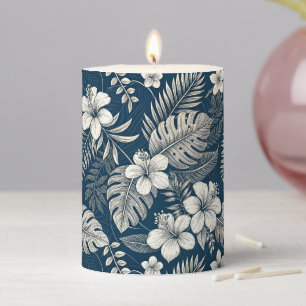 Navy Blue Hibiscus Monstera Tropical Botanical Pillar Candle
