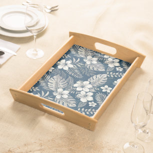Navy Blue Hibiscus Monstera Tropical Botanical Serving Tray
