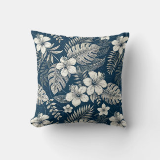 Navy Blue Hibiscus Monstera Tropical Botanical Throw Pillow