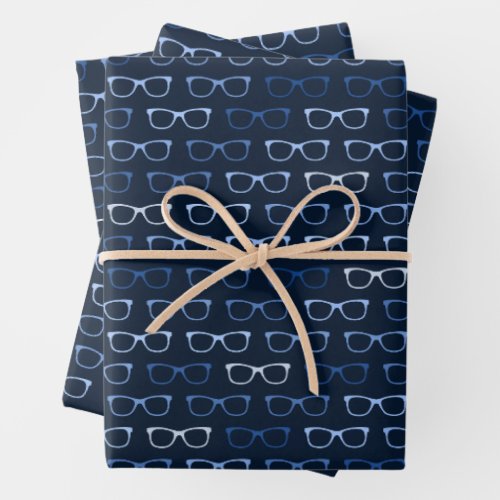 Navy Blue Hipster Glasses Pattern Nerd Wrapping Paper Sheets