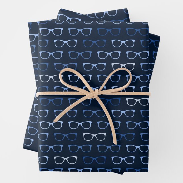 Navy Blue Hipster Glasses Pattern Nerd Wrapping Paper Sheets (In situ)