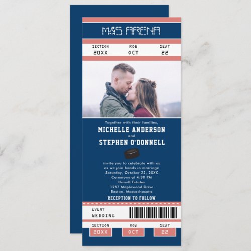 Navy Blue Hockey Ticket Wedding Invitation
