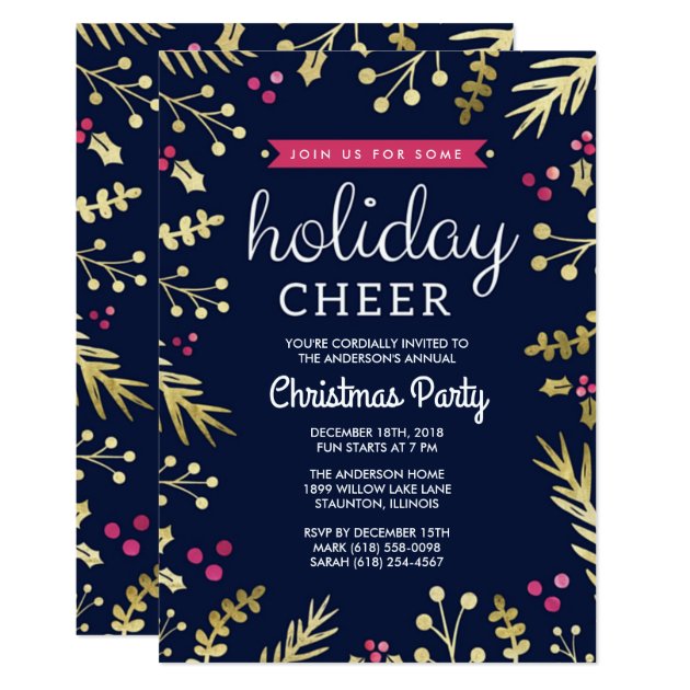 Navy Blue Holiday Cheer Christmas Party Invitation