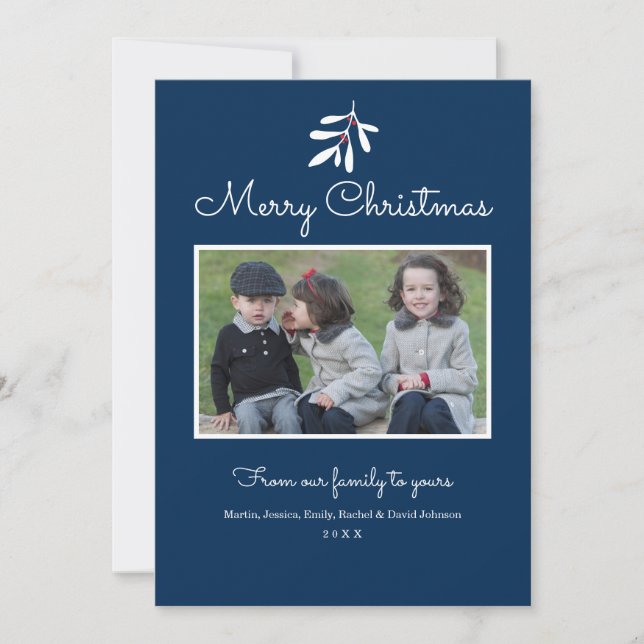 Navy Blue Holly & Berries Merry Christmas 2017 Holiday Card (Front)