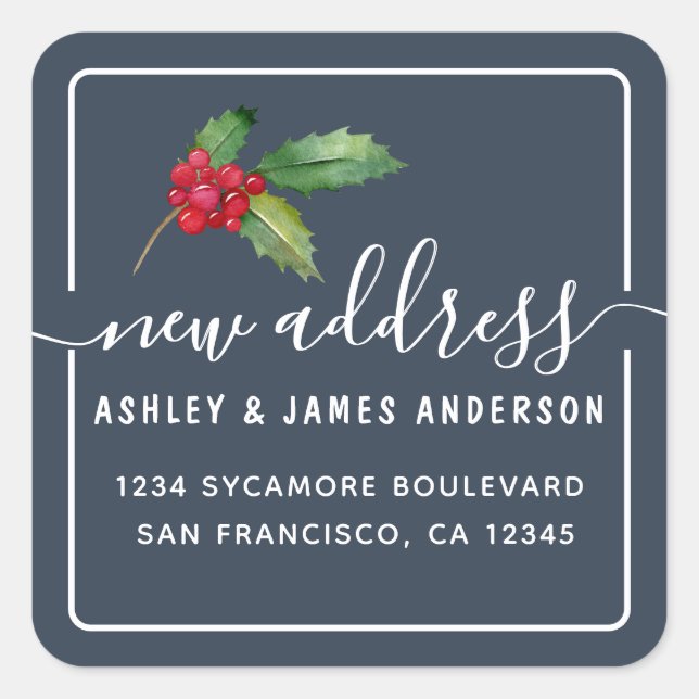 Navy Blue Holly Berry New Address Square Sticker (Front)