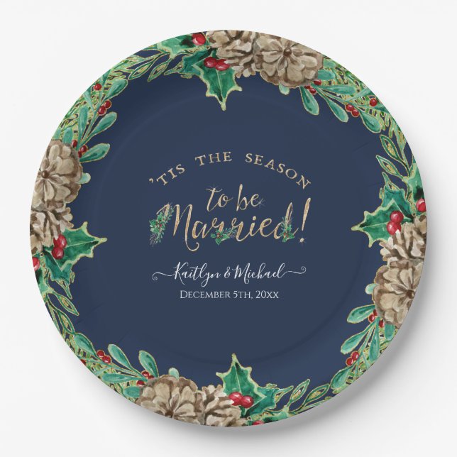 Navy Blue Holly Pine Cone Christmas Wreath Wedding Paper Plates (Front)