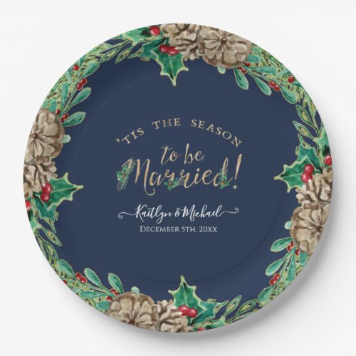 Navy Blue Holly Pine Cone Christmas Wreath Wedding Paper Plates