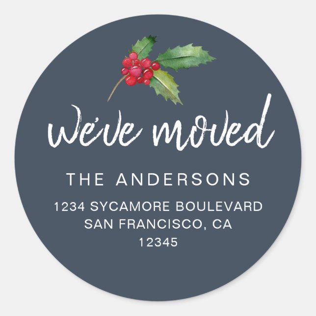 Navy Blue Holly We’ve Moved Address Classic Round Sticker (Front)